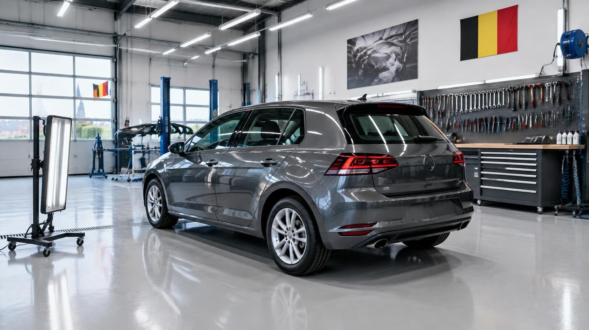 Car body repair workshop with a vehicle on the lift and bright lighting